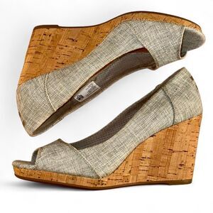TOMS Cork Wedge Peep Toe Sandals, Boho Woven Silver Tweed Platform Heels Size 9